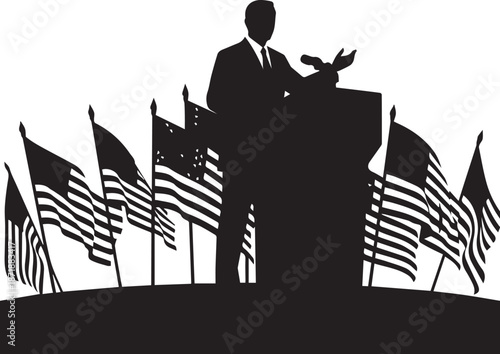 Silhouette of a speaker at a podium with american flags