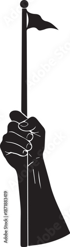 Fist holding a black flag on a pole symbolizing protest and resistance