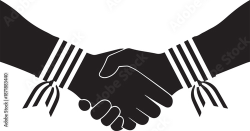 Two black hands shaking with striped cuffs and bows