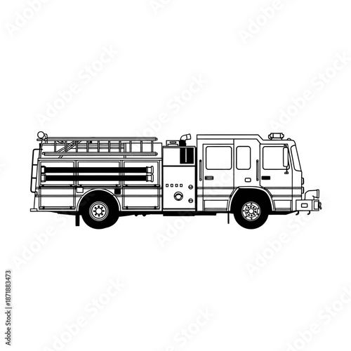 Detailed line drawing of a classic american style fire engine vehicle