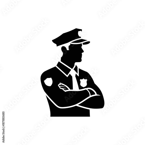 A silhouette of a security guard with arms crossed facing forward