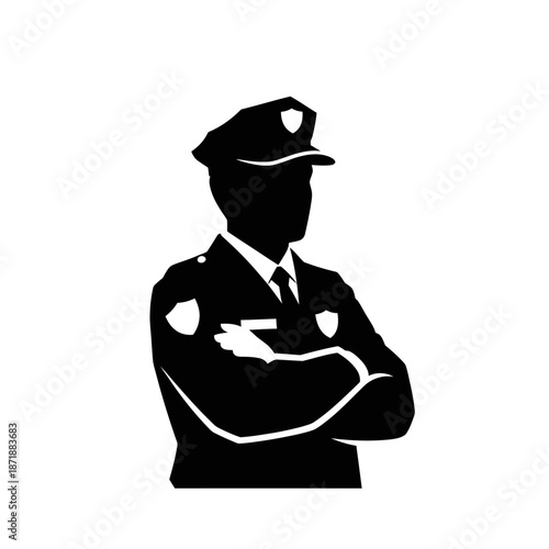 A silhouette of a police officer with arms crossed facing forward