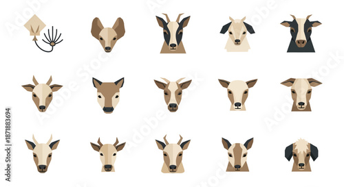 Collection of various animal faces and heads, including deer, goats, and other horned creatures, isolated on a white background.