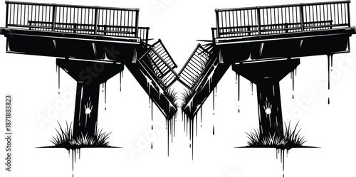 Broken bridge illustration, abstract symmetrical damaged overpass, collapse concept, disaster infrastructure failure, black and white vector art, urban decay symbolism