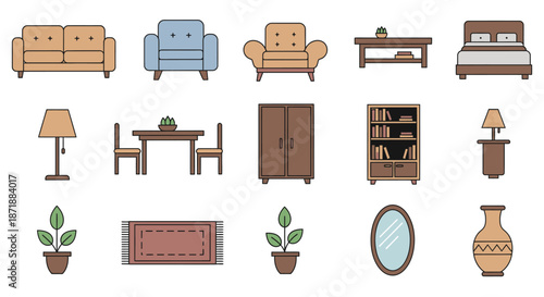 Collection of various furniture and home decor items for interior design.