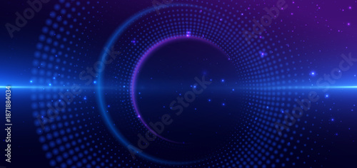 Dotted circles blue glowing futuristic tech on dark blue background.