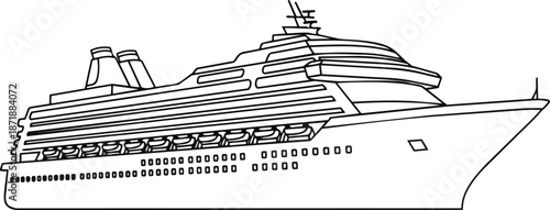 Detailed Line Drawing of a Large Cruise Ship Sailing on the Ocean.