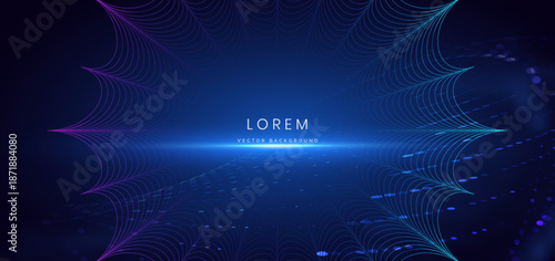 Wavy lines glowing with lighting sparkling on dark blue backround. Sciene background, technology big data concept.