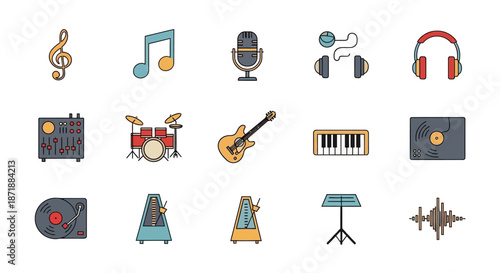 Collection of various music instruments and symbols in a colorful cartoon style.