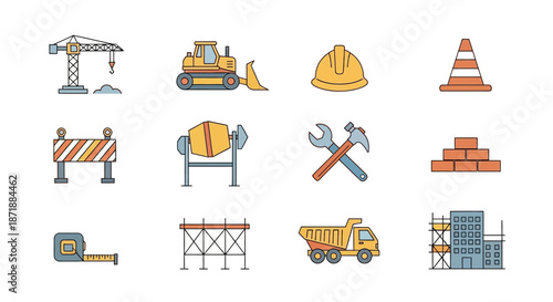 Construction site equipment and tools set, building industry icons.