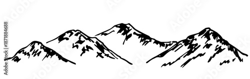Nature and landscape. Mountain range, rocky terrain. An ink sketch, a hand-drawn vector drawing with a black outline.