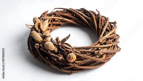 Rustic Wreath with Natural Elements on White Background.