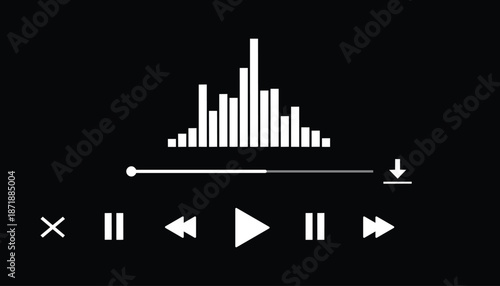 Minimalist audio player interface with sound equalizer and playback controls on a dark background