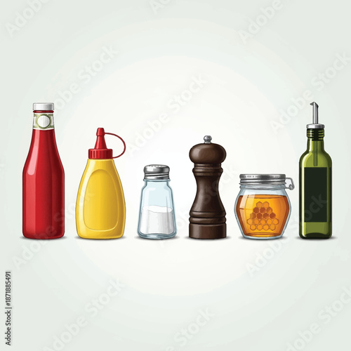 Assorted condiments and spices isolated on white background, Vector, illustration