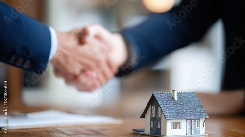 Handshake Over House Model on Wooden Table