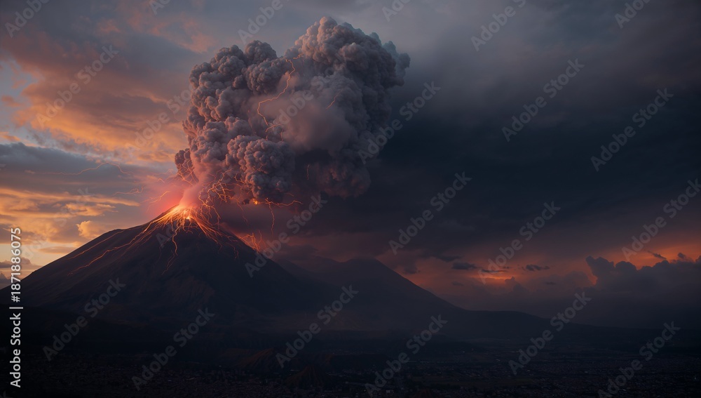 Fototapeta premium Erupting Volcano at Sunset with Dramatic Ash Clouds and Flames