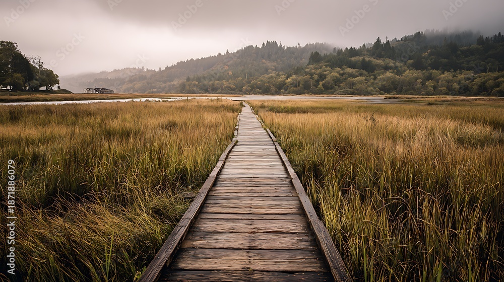 Fototapeta premium Foggy Marsh Walkway Wooden Path Through Nature