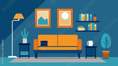 Cozy living room with orange sofa Vector