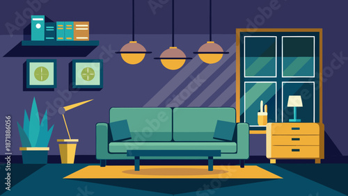 Modern living room with teal sofa Vector