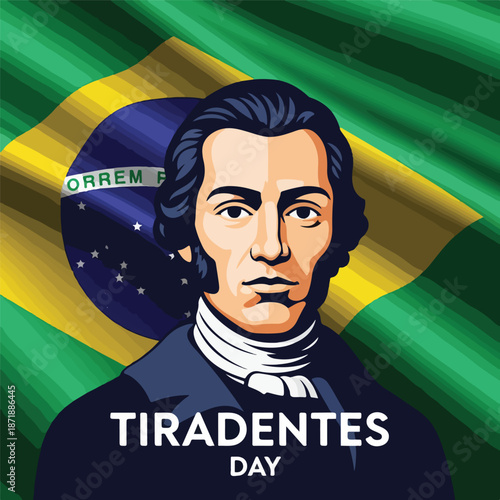 Illustration of Joaquim José da Silva Xavier, a Brazilian national hero, in front of the Brazilian flag. Perfect for Tiradentes Day Brazil, educational materials, and cultural presentations.