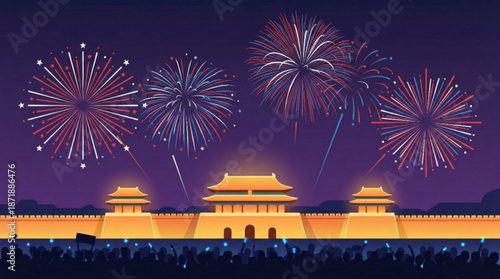 Landscape vector illustration : traditional Asian temple, Chinese pagoda, chinatown, people, fireworks exploding, night sky, - Chinese New festive, Lunar celebration, Beijing China travel, tourism, 