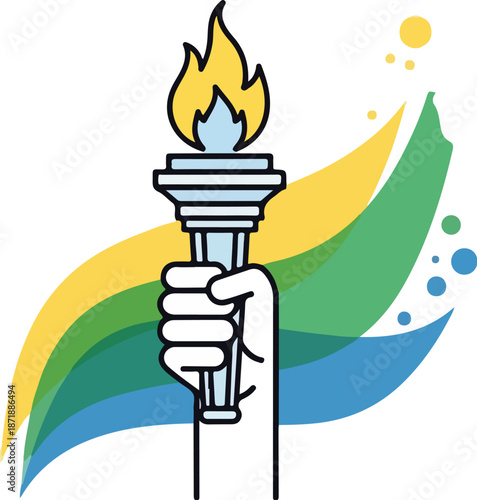 A hand holding a torch with a yellow flame, set against a colorful abstract background of green, blue, and yellow curved lines and dots, celebrating Tiradentes Day in Brazil. Perfect for