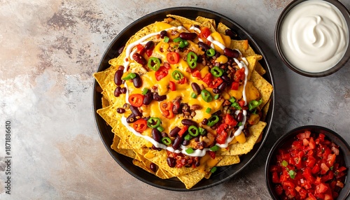 Loaded Nachos with Salsa and Sour Cream on a Table.