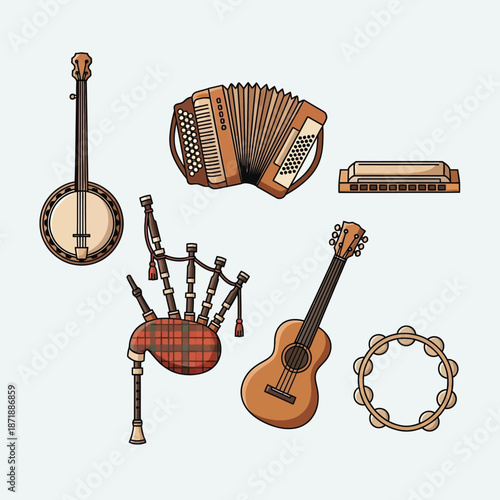 Traditional folk instruments isolated on white background, Vector, illustration