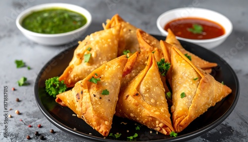 Golden Samosas with Dipping Sauces - A Delicious Indian Appetizer.