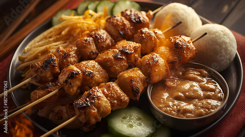 A Culinary Journey: Exquisite Chicken Satay Skewers, Crispy Fries, Fresh Cucumber, and Creamy Peanut Sauce on a Rustic Plate, a Delicious Southeast Asian Delicacy
