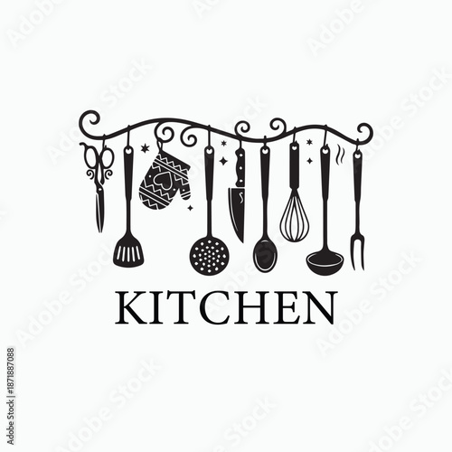 Kitchen utensil vector with hanging tools, oven mitt, curly rod, and bold KITCHEN text