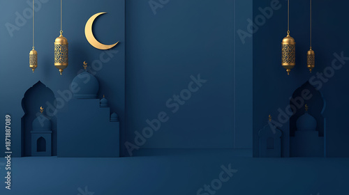 A serene and elegant artistic representation of a Ramadan or Eid Mubarak celebration, featuring a minimalist mosque design with a crescent moon, and a deep blue backdrop
