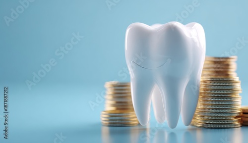 Dental Investment: A single tooth stands prominently next to a small stack of golden coins, symbolizing the significant cost of dental health and the investment in a radiant smile. 