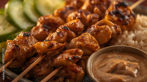 Sizzling Skewers of Satiating Satay: A Delicious Ramadan Iftar Feast with Peanut Sauce, Rice, and Refreshing Cucumber
