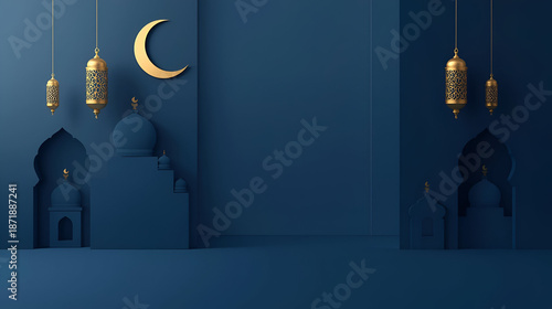 A Serene Ramadan: Elegant Blue Backdrop with Crescent Moon, Lanterns, and Mosque Silhouette, Evoking Spirituality and Celebration