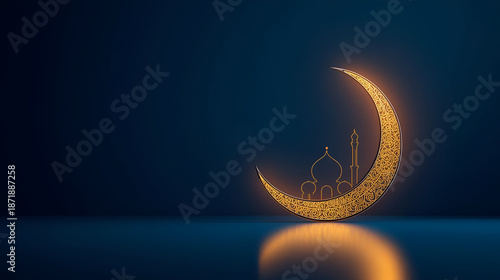 Illuminating the Holy Month: A Golden Crescent Moon and Mosque Silhouette, Symbolizing Ramadan's Spirituality, Reflection, and Blessings Against a Dark Blue Backdrop, Evoking Peace and Serenity
