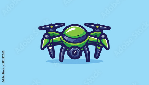 Green Drone with Camera and Four Propellers on Blue Background.