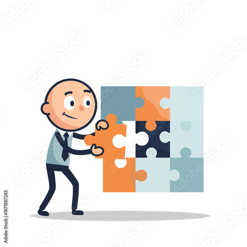 Business Problem Solver Cartoon Character Completing Puzzle Representing Strategy Logic Solutions Teamwork And Success optimized for presentations, corporate visuals, and educational use.