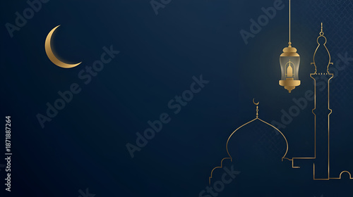  A Serene Ramadan Night: Golden Crescent, Lantern, and Mosque Silhouette, Evoking Peace and Spirituality.