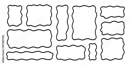 Black Border Wavy Frame Line Rectangle Shape. Text Box Shape Frame Kit. Edge Rectangle Edge Border Bundle. Doodle Vector Illustration