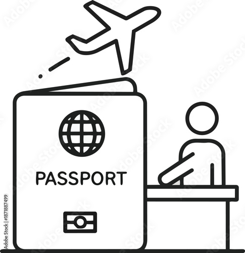 Passport and Airplane Icon Representing Travel and Immigration.