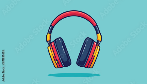 Vibrant Over-Ear Headphones with Red and Yellow Accents Floating in Mid-Air.