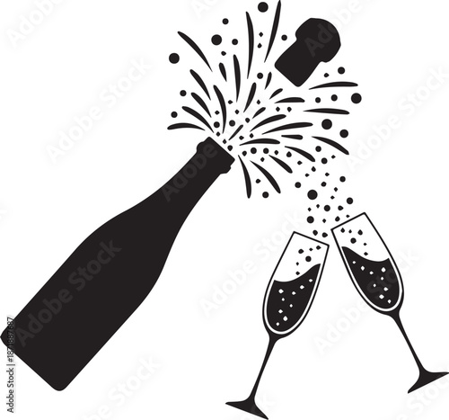 Celebration vector with champagne bottle popping, bubbly spray, and clinking glasses in black and white silhouette