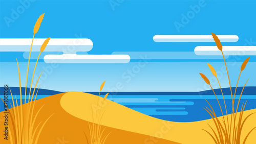 Vast sandy dunes meeting a tranquil body of water under a blue sky with clouds, a scenic vector illustration
