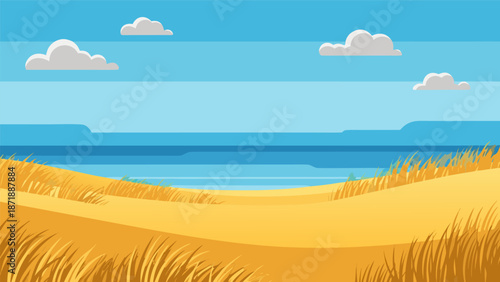 Golden Meadow Landscape Vector Illustration with Blue Sky and Clouds