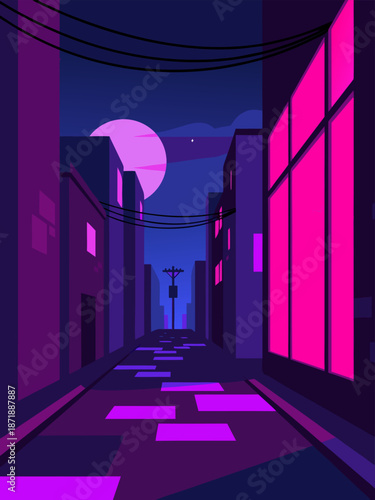 Cyberpunk Alleyway Vector Illustration with Neon Lights and a Large Moon
