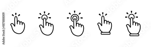 Set of hand cursor click icons in outline style. Simple black line pointer hand with clicking gesture and touch indicator.
