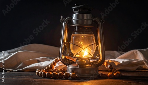 Warm Glow of Tradition - Lantern, Beads, and Cloth Still Life.