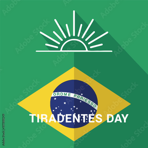 Brazilian flag with Tiradentes Day text, green background, and sun symbol. Perfect for Brazil celebrations, patriotic events, and educational materials.