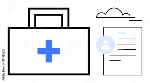 Medical data, cloud storage, digital health, patient care, healthcare, document safety. First aid kit symbol, digital profile and cloud-based document. Medical data and cloud storage concept